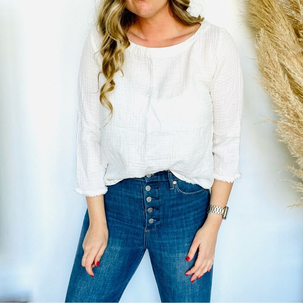 EILEEN FISHER White Boat Neck Waffle 3/4 Sleeve Raw Hem Blouse Tee Shirt Top M